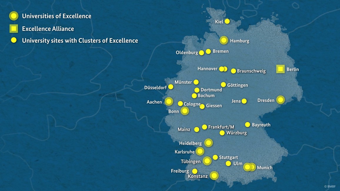The maps shows the sites of Clusters of Excellence and Universities of Excellence.