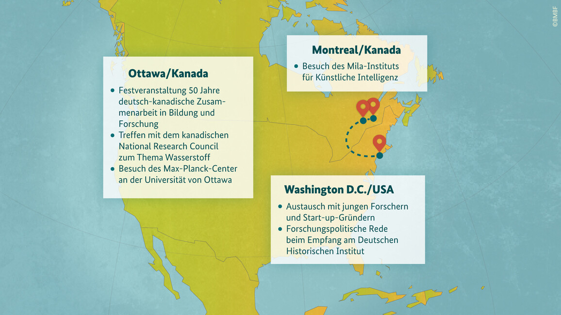 Die Grafik zeigt die Stationen der USA-Kanada-Reise von Ministerin Stark-Watzinger.