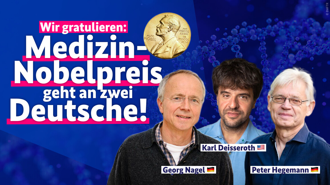 Fotos der drei Forscher und einer Nobelmedaille. Text: Wir gratulieren! Medizin-Nobelpreis geht an zwei Deutsche.